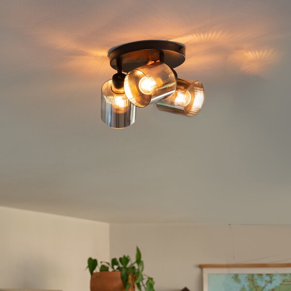 Faretto da soffitto nero con vetro fumé rotondo 3 luci orientabili - Laura