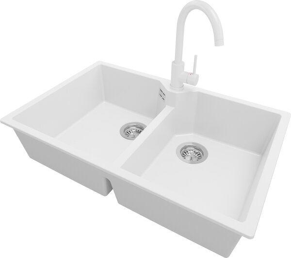 Lavello in granito PRIMAGRAN bianco 78x50 cm, lavello a 2 vasche + rubinetto da cucina 32x20 cm + set di scarico, lavello da cucina per mobile sottolavello da 80 cm - Madrid Twin