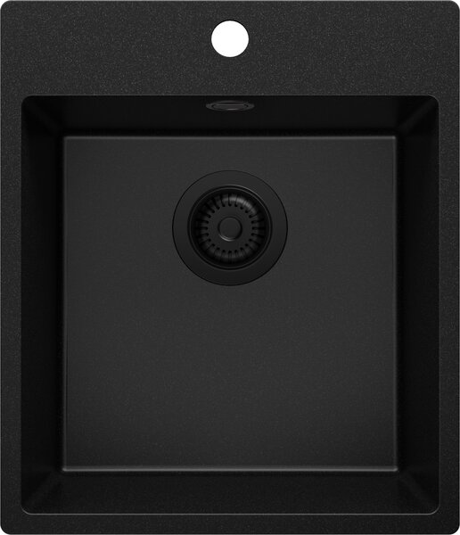 Lavello PRIMAGRAN Tutto Nero 43x50 cm, lavello in granito a vasca singola + set di scarico, lavello da cucina per mobili base da 45 cm - Riga