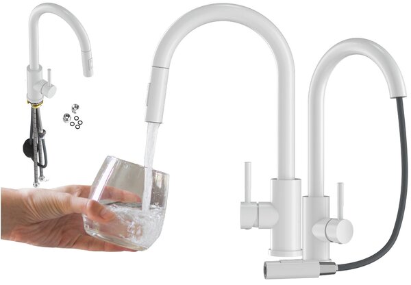 Granitan | LOSETO - Miscelatore da cucina - Bocca estraibile - 2 tipi di getto - Bianco - Acciaio inossidabile - Caratteristica in Vetroceramica