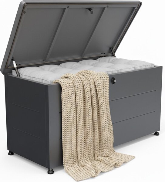 Relaxdays Contenitore da giardino, cuscini per sedute, attrezzi, resistente alle intemperie e ai raggi UV, A x L x P: 59 x 115 x 50 cm, contenitore per cuscini da giardino, nero