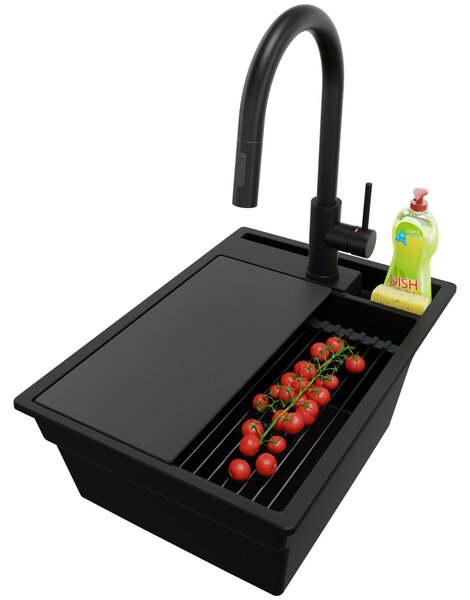 Lavello in granito PRIMAGRAN Tutto nero 38x53cm, lavello 1 vasca + set di scarico + set di accessori da cucina, lavello da cucina da base 40 cm - Oslo Pocket