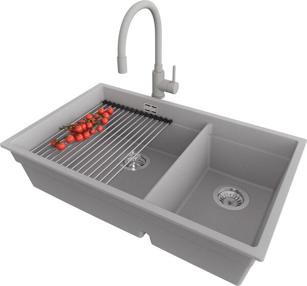 Lavello in granito PRIMAGRAN grigio 76x47 cm, lavello a 2 vasche + set di scarico + set di accessori da cucina, lavello da cucina per mobile sottolavello da 80 cm - Praga Slim Duo