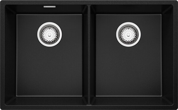 Lavello da incasso PRIMAGRAN in granito nero 76x47 cm, lavello a doppia vasca + set di scarico, lavello in granito per mobili base da 80 cm - London Twin