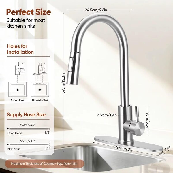 Miscelatore da cucina - Miscelatore da cucina estraibile - Solo acqua fredda - Tubo estraibile da 60 cm - 2 tipi di getto - Rotazione a 360° - Argento