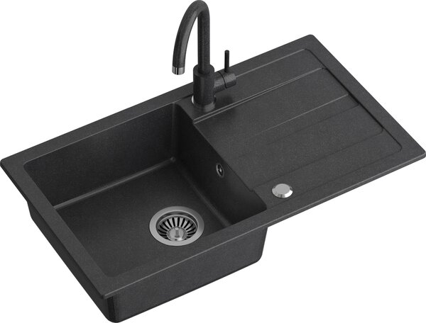 Lavello QUADRON Lavello da cucina in granito | dimensioni 77 x 44 x 17,6 cm Nero | Lavello GO MAX in granito Lavello a vasca singola | Lavello da incasso con rubinetto da cucina | Lavello a vasca singola Lavello da cucina