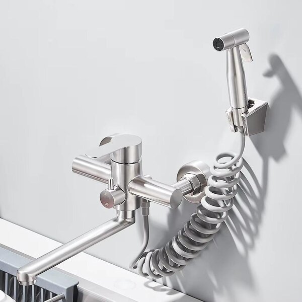 Miscelatore da cucina – Miscelatore da cucina a parete – Monocomando – 2 fori – Bocchetta girevole – Doccetta estraibile – Acqua calda e fredda – Finitura in nichel spazzolato