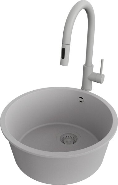 PRIMAGRAN lavello sottopiano granito grigio 46x46cm, lavello 1 vasca + rubinetto cucina 40x20cm + set scarico, lavello in granito da base 50 cm - Valletta