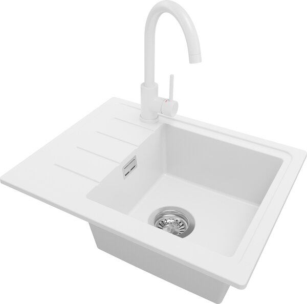Lavello in granito PRIMAGRAN bianco 55x44 cm, lavello a vasca singola + rubinetto da cucina 32x20 cm + set di scarico, lavello da cucina per mobili base da 45 cm - Copenhagen Easy