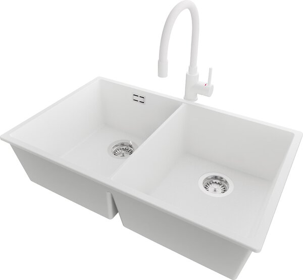 PRIMAGRAN lavello sottopiano in granito bianco 76x47cm, lavello 2 vasche + rubinetto cucina 38x14cm + set di scarico, lavello in granito da base 80 cm - London Twin
