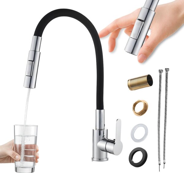 Granitan | RENO - Rubinetto da cucina - Bocca flessibile - 2 tipi di getto - Nero, cromato - Ottone - Caratteristica in Vetroceramica
