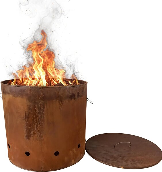 Relaxdays Braciere, acciaio Corten, effetto ruggine, A x P: 45 x 49,5 cm, braciere industriale con coperchio, da giardino, rosso-marrone