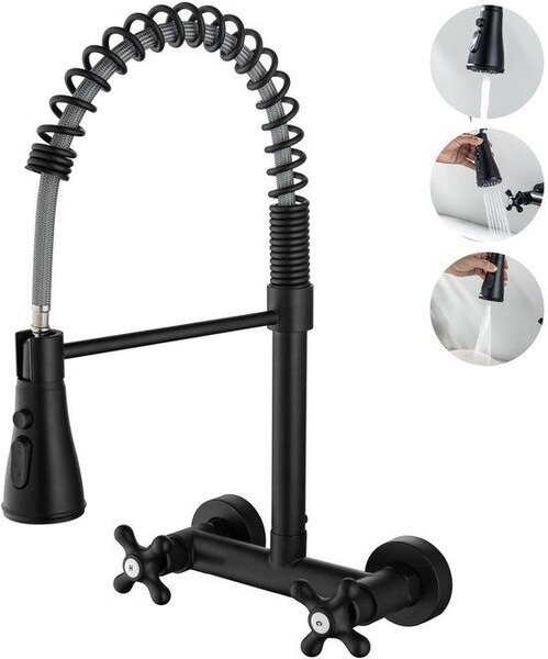 Rubinetto da cucina a parete nero, orientabile a 360 gradi, con 3 getti