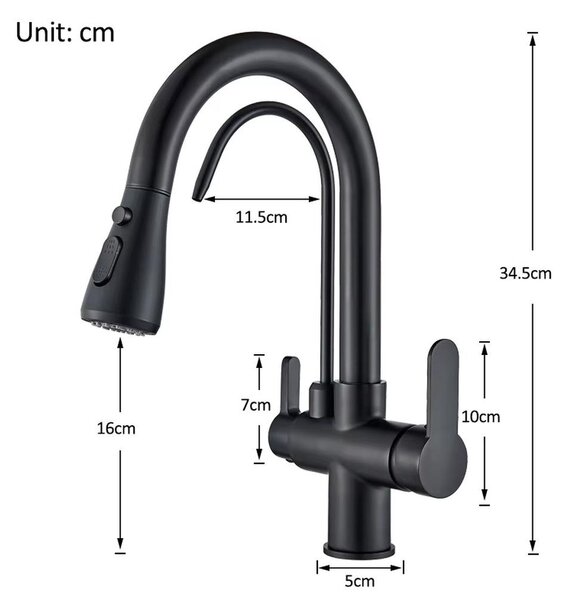 Rubinetto per acqua filtrata - Miscelatore a due manopole - Doccetta estraibile - Rotazione a 360° - Funzione a 3 vie - Acqua calda e fredda - Finitura nera opaca