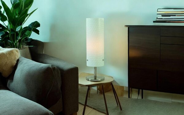 Lampada da tavolo Leander, lampada da comodino in nichel e vetro bianco