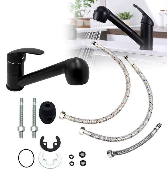 Miscelatore da cucina con doccetta estraibile, 2 getti, monocomando, colore nero