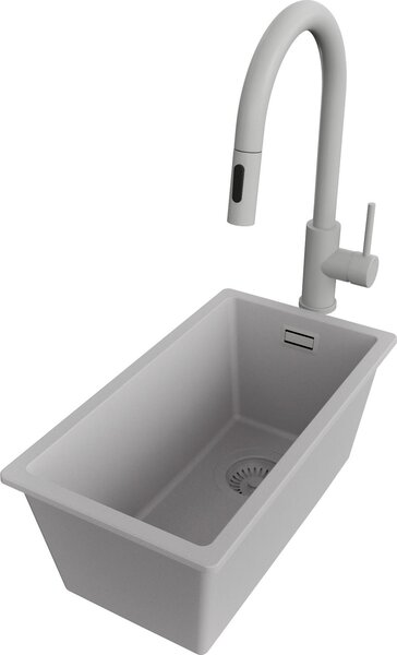 PRIMAGRAN lavello sottopiano granito grigio 26x47cm, lavello 1 vasca + rubinetto cucina 40x20cm + set scarico, lavello in granito da base 30 cm - London