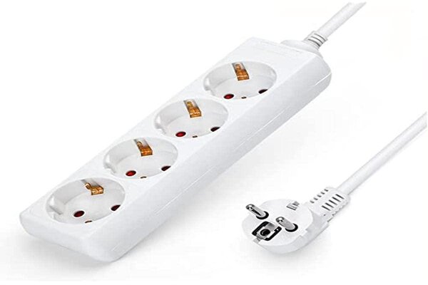 Ciabatta multipresa bianca senza interruttore, con cavo 3G da 1,0 mm², lunghezza 1,5 metri. Ciabatta multipresa tedesca bianca (4 prese, 1,0 mm², 1,5 m) – Modello 4, 1,0 mm², 1,5 m