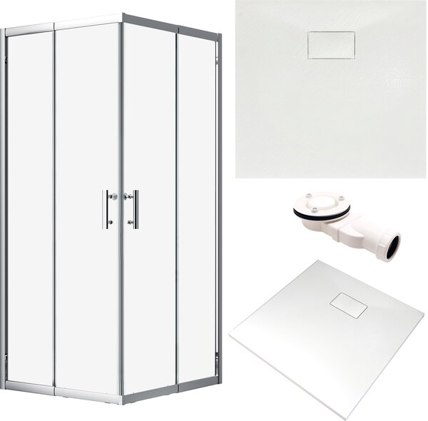 SET Cabina doccia + piatto doccia 80x80 193 cm - Quadrato Trasparente Vetro nano temprato 6 mm Bianco effetto pietra SMC incl. sifone | BADLAND HELA VIDAR
