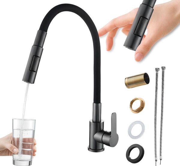 Granitan | RENO - Rubinetto da cucina - Bocca flessibile - Nero - Ottone - Carica Vetroceramica