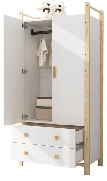 Armadio – Armadio indipendente – 2 ante – 90 x 45 x 180 cm – Asta appendiabiti – 2 cassetti estraibili – Cornice decorativa – Bianco/Neutro