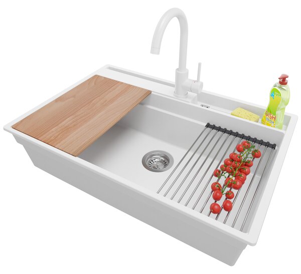 Lavello in granito PRIMAGRAN bianco 78x53 cm, vasca singola + rubinetto da cucina 32x20 cm + set di scarico + set di accessori da cucina, lavello da cucina per mobili base da 80 cm - Oslo Pocket