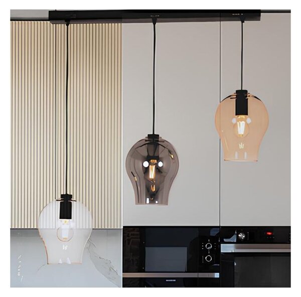 PAGODA SOSPENSIONE 3 LUCI LINEARE CON SFERE IN VETRO COLORATO E BASE IN METALLO NERO LAMPADINE ATTACCO E27