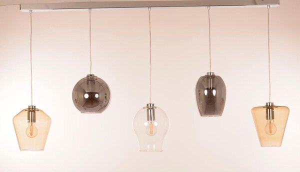PAGODA SOSPENSIONE 5 LUCI LINEARE CON SFERE IN VETRO COLORATO E BASE IN METALLO CROMO LAMPADINE ATTACCO E27