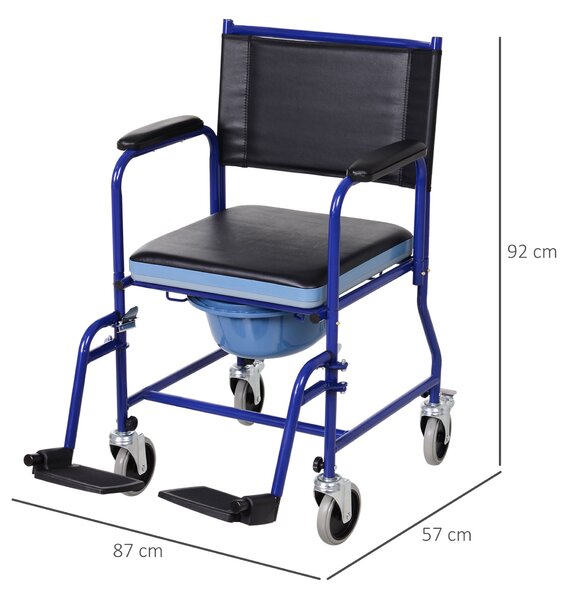 HomCom Sedia a Rotelle Bagno con Vaso Rimovibile in Tubi di Ferro e PVC, Nero e blu, 83x53x85cm|Aosom