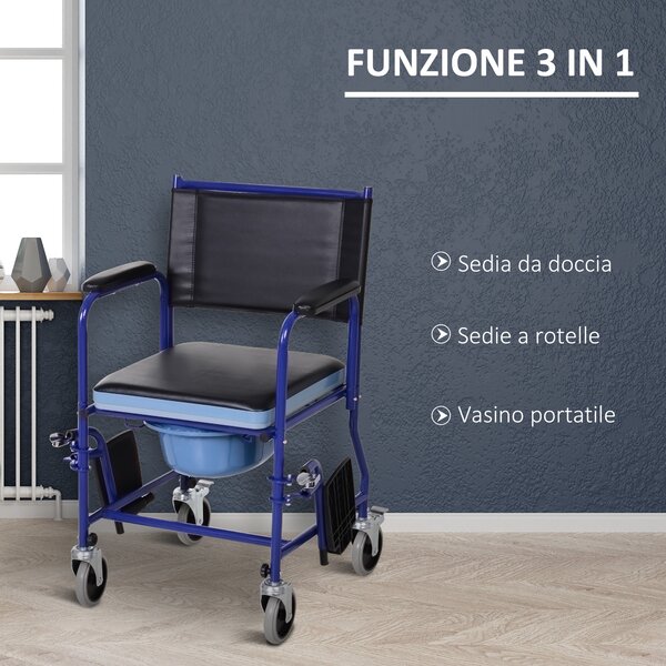 HomCom Sedia a Rotelle Bagno con Vaso Rimovibile in Tubi di Ferro e PVC, Nero e blu, 83x53x85cm|Aosom