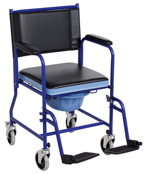 HomCom Sedia a Rotelle Bagno con Vaso Rimovibile in Tubi di Ferro e PVC, Nero e blu, 83x53x85cm|Aosom