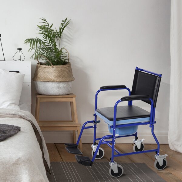 HomCom Sedia a Rotelle Bagno con Vaso Rimovibile in Tubi di Ferro e PVC, Nero e blu, 83x53x85cm|Aosom