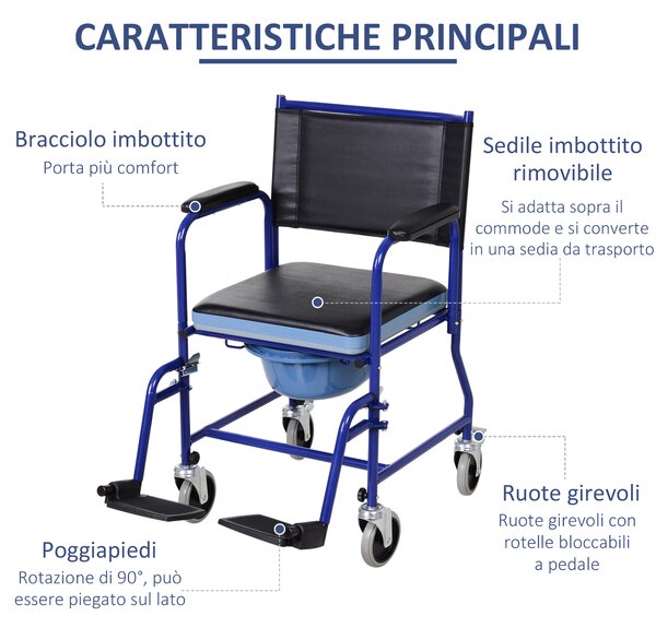 HomCom Sedia a Rotelle Bagno con Vaso Rimovibile in Tubi di Ferro e PVC, Nero e blu, 83x53x85cm|Aosom
