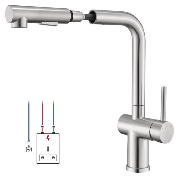 Miscelatore da cucina - KF172D2BN - Per bassa pressione - Estensibile - Due tipi di getto - Rotazione a 360° - Adatto per scaldabagni - Finitura spazzolata
