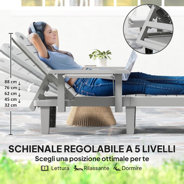 Outsunny Sdraio da Giardino Regolabile con Tavolino e Braccioli, in Polipropilene, 79x158x88 cm, Grigio Chiaro | Aosom Italy