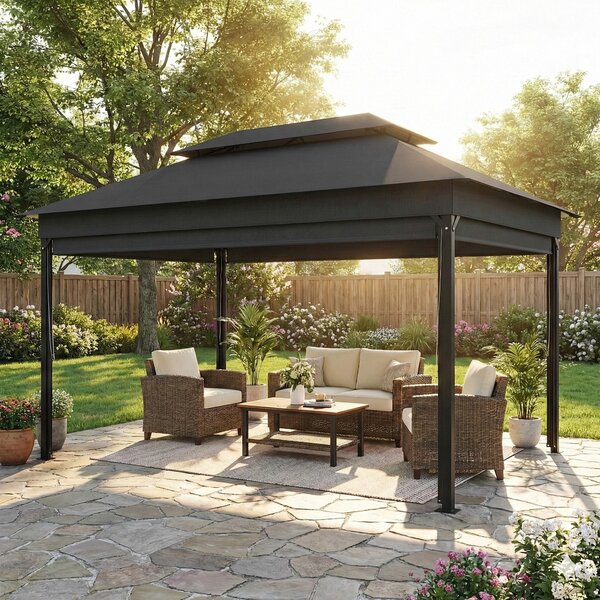Gazebo da Giardino 4x3 m con Tende Laterali Doppio Tetto Fori di Drenaggio Grigio Scuro