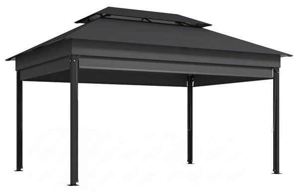 Gazebo da Giardino 4x3 m con Tende Laterali Doppio Tetto Fori di Drenaggio Grigio Scuro