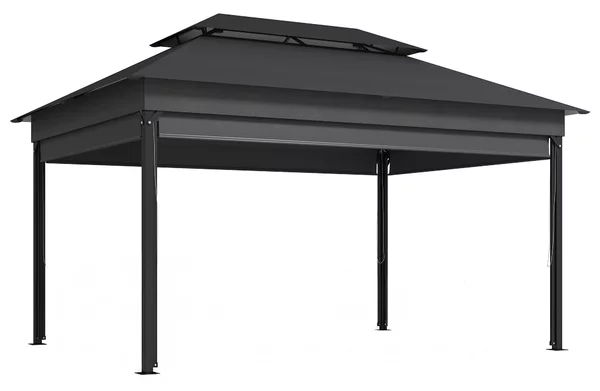 Gazebo da Giardino 4x3 m con Tende Laterali Doppio Tetto Fori di Drenaggio Grigio Scuro