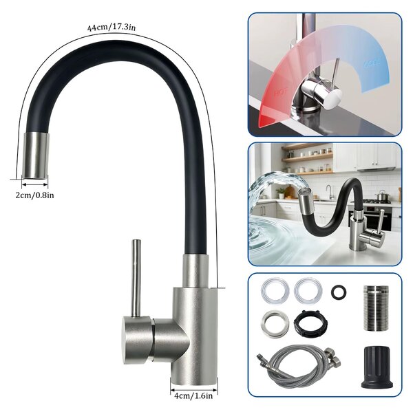 Miscelatore per cucina - Miscelatore per lavello - Monocomando - Bocchetta estraibile - Flessibile e girevole - Acciaio inossidabile 304 - Acqua calda e fredda - Colore: SLT-08