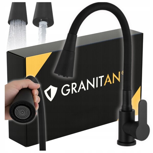 Granitan | FLEXO - Rubinetto da cucina - Bocca flessibile - 2 tipi di getto - Nero - Ottone - Carica in Vetroceramica
