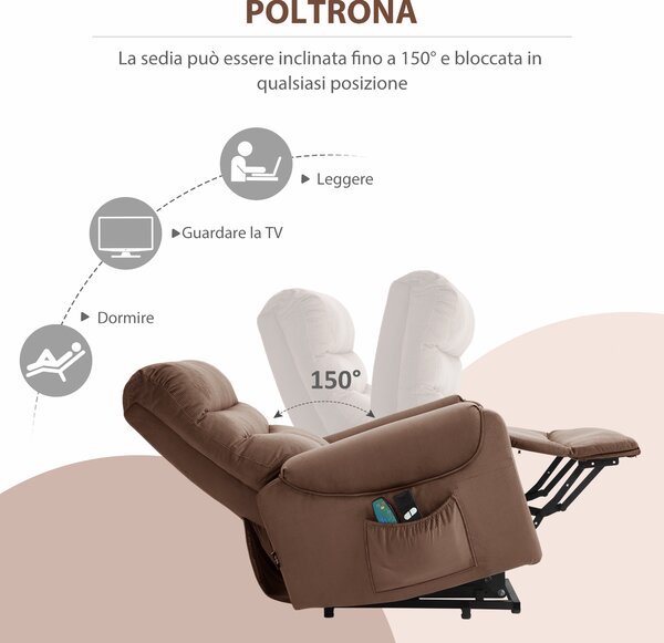 HOMCOM Poltrona Massaggiante con Assistenza per Alzarsi in piedi e Telecomando, in Poliestere e Metallo, 79x97x103 cm, Marrone
