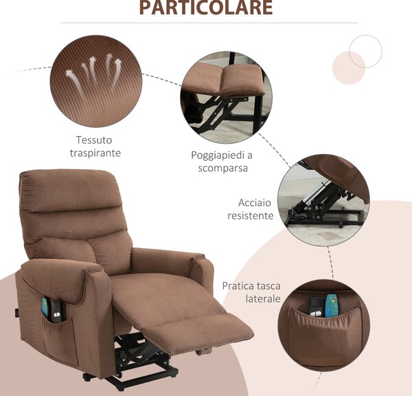 HOMCOM Poltrona Massaggiante con Assistenza per Alzarsi in piedi e Telecomando, in Poliestere e Metallo, 79x97x103 cm, Marrone