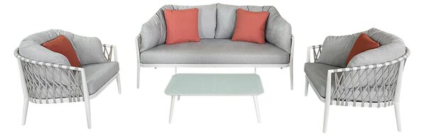 BACHATA - salotto con struttura in alluminio verniciato taupe o bianca, rivestimento in corda in pvc