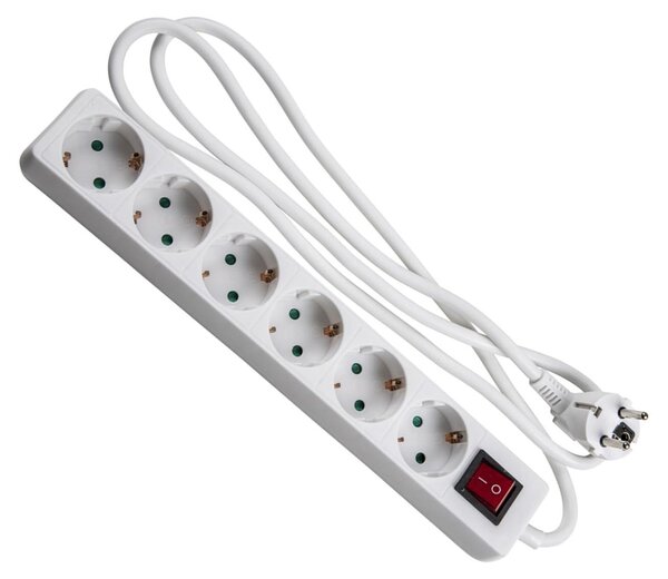 Ciabatta multipresa bianca con 6 prese Schuko con interruttore, cavo H5VV-F 3G1,5, lunghezza 1,5 metri