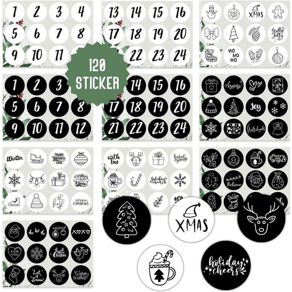 Adesivi natalizi rotondi (120 pezzi) Calendario dell'Avvento con numeri e motivi natalizi | Bianco e nero