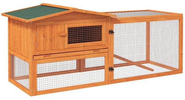PawHut Coniglioiera per roditori 2 piani vaschetta per deiezioni recinto esterno removibile tetto apribile 156L x 58l x 68H cm legno massello pino