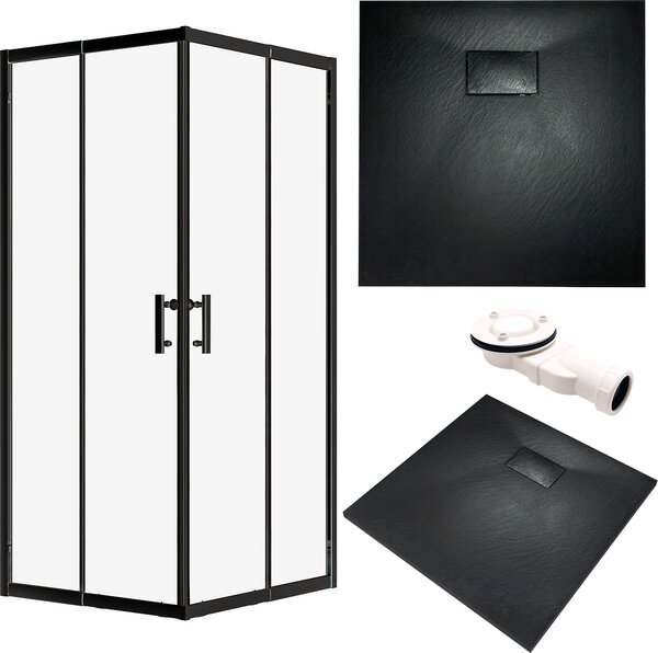 SET Cabina doccia + piatto doccia 80x80 193 cm - Quadrato Trasparente Vetro nano temperato 6 mm Nero effetto pietra SMC incl. sifone | BADLAND HELA VIDAR