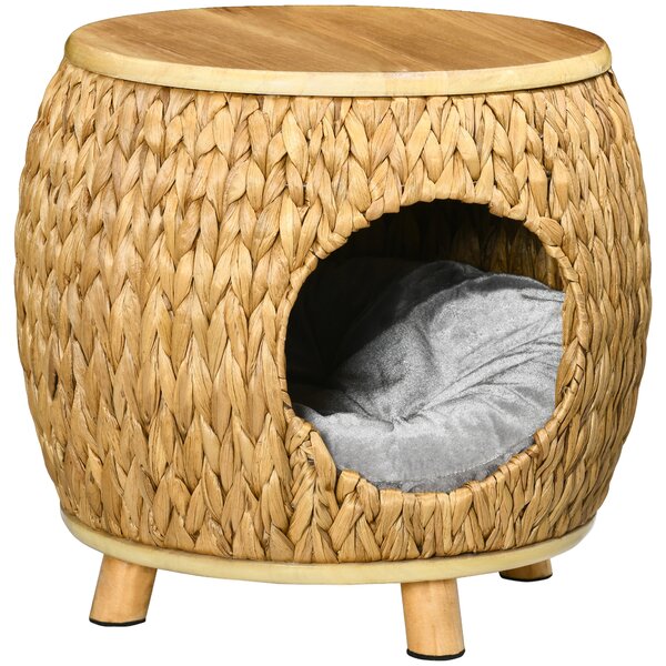 Pawhut Grotta per Gatti in Erba d'Acqua, Cuscino Lavabile, 44 cm x 43 cm x 42 cm, Marrone chiaro+Legno naturale+Grigio