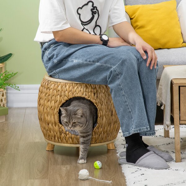 Pawhut Grotta per Gatti in Erba d'Acqua, Cuscino Lavabile, 44 cm x 43 cm x 42 cm, Marrone chiaro+Legno naturale+Grigio