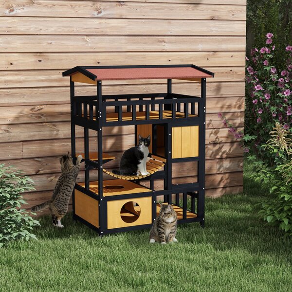 PawHut Casa per gatti, Paradiso per Gatti con Piattaforme, Ponte Oscillante e Grotte per Gatti, Adatta per 2 Gatti, Legno